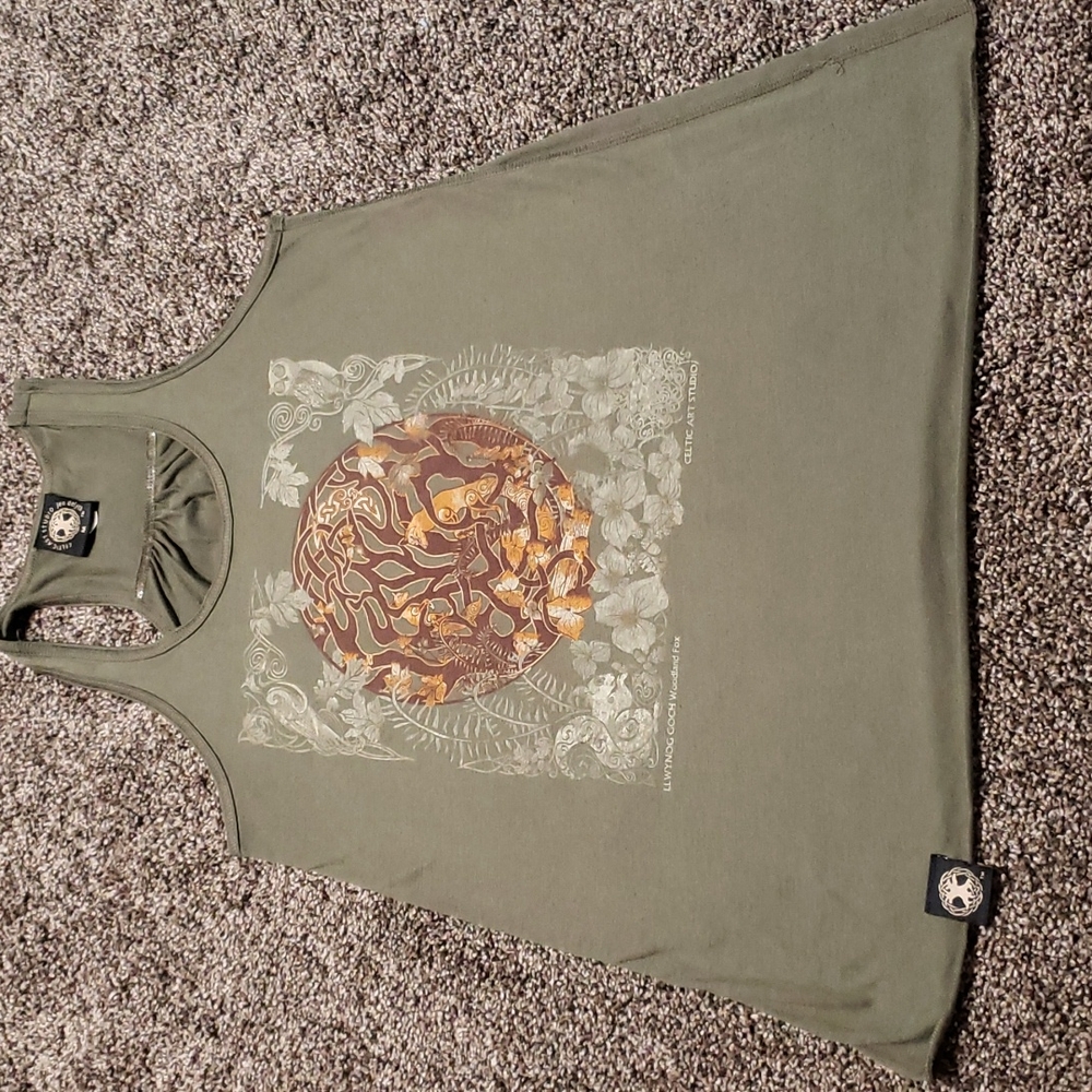 Celtics Art Studio Woodland Fox Olive Green Tank Women's Size Medium